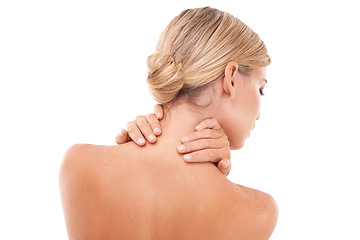 Image showing Blond woman, back and hands in skincare, beauty and touching neck against a white studio background. Isolated young female with blond hair relaxing in self love or self care on white background