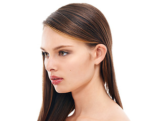 Image showing Woman skincare, face or brunette hairstyle and makeup cosmetics, keratin treatment or healthcare wellness. Zoom, beauty model or brown hair color, facial glow or hair care growth on white background