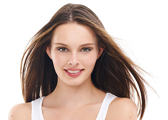 Image showing Beauty, hair and portrait of woman in studio for wellness, cleaning and grooming on white background. Haircare, face and girl relax, content and enjoy hair treatment, shine and luxury keratin styling