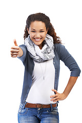 Image showing Thumbs up, success and portrait of woman in studio on a white background. Ok hand gesture, like emoji and happy female model with thumbsup for motivation, support or approval, thank you or agreement.