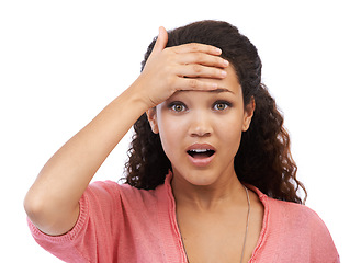 Image showing Portrait of black woman with shock and hand on head in disbelief isolated on white background. Stress, surprise and shocked woman with worry and anxiety, confused while holding forehead in studio.