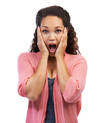 Image showing Portrait, wow and surprise with a black woman in studio on a white background in surprised shock. Face, hands and wtf with an attractive young female feeling overwhelmed with a shocked expression