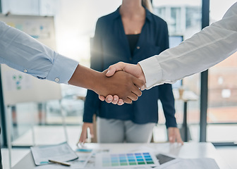 Image showing Handshake, office and business people with corporate deal, agreement or partnership with success. Meeting, professional and businessmen shaking hands for welcome, greeting or company onboarding.