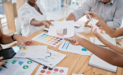 Image showing Business people, hands and marketing documents in meeting in office. Teamwork, strategy and group of employees with paperwork, statistics and graphs for kpis, advertising and planning sales project.