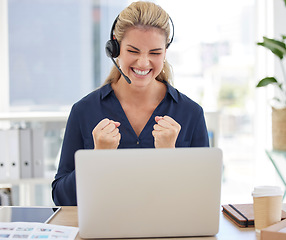 Image showing Call center, laptop and winner woman with fist for success, yes and celebration of bonus, sales and profit in telemarketing. Wow, surprise and target, goals or online feedback of consultant promotion