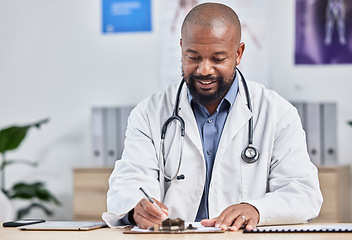 Image showing Doctor, medical office and black man writing notes, form or life insurance paperwork for planning healthcare results. Mature expert, hospital report and documents of medicine, surgery or clinic admin