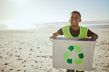 Image showing Recycling, beach clean and child in portrait, environment and climate change with sustainability and volunteer mockup. Eco friendly activism, cleaning Earth and nature with kid outdoor to recycle