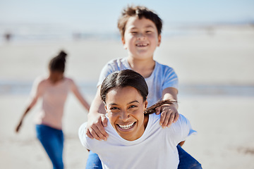 Image showing Mom, child or beach piggyback in portrait for smile, interracial adoption family bonding or outdoor vacation in summer. Happy family, asian kid and black woman for game, ride or love on ocean holiday