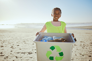 Image showing Recycle bin, beach and girl kid, cleaning environment with climate change and sustainability volunteer mockup. Eco friendly activism, clean Earth and nature with child outdoor, recycling and bottle