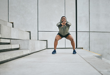 Image showing Fitness, exercise or man stretching body in training, exercise or workout with focus, resilience or commitment. Warm up, mindset or healthy sports athlete with goals or motivation on city stairs