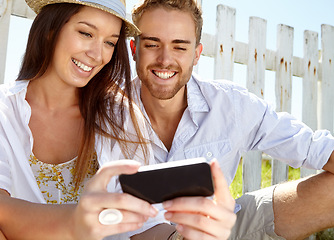 Image showing Happy couple, bonding or cellphone selfie in travel location, holiday vacation or destination break. Smile, man or woman on mobile photography technology for social media, profile picture or vlogging