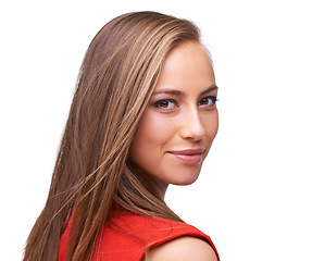 Image showing Beauty, woman and portrait of a happy face isolated on a white background with a positive mindset. Young professional female model in studio with makeup, cosmetics and hair care with a glow and smile