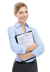 Image showing Hr manager, portrait or paper clipboard on isolated white background in cv review, recruitment or job interview. Smile, happy worker or human resources woman with contract documents for we are hiring