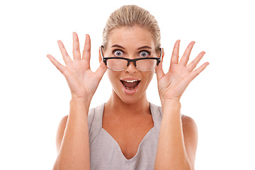 Image showing Shock, surprise and portrait of a woman with glasses in a studio with a omg, wow or wtf facial expression. Shocked, excited and smart female model from Australia with spectacles by a white background