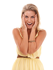 Image showing Woman, excited and surprise portrait with a wow expression on white background for discount sale announcement. Face of a happy young female model in studio for a promotion, offer or advertising