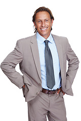 Image showing Business man, portrait and corporate ceo with smile, success and leadership, executive isolated on white background. Businessman, management and motivation with vision, goals and happy in career