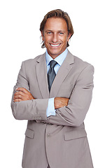 Image showing Business man, portrait and ceo, arms crossed and smile for success in leadership, executive isolated on white background. Businessman, corporate manager and motivation, vision and professional goals