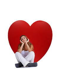 Image showing Love, thinking and woman with studio heart, romantic product or emoji icon for Valentines Day holiday. Beauty, big red object or relax model girl with care symbol and day dreaming on white background