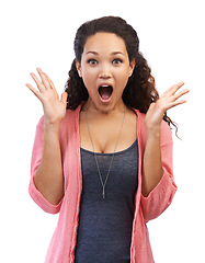 Image showing Portrait, wow and shock with a black woman in studio on a white background in shocked surprise. Face, hands and wtf with an attractive young female feeling overwhelmed with a surprised expression