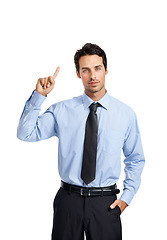 Image showing Businessman, studio portrait and point finger in air with confidence, vision and answer by backdrop. Corporate executive man, hand gesture or focus for work as financial advisor by white background