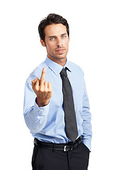 Image showing Businessman, studio portrait and middle finger with frustrated face, angry and tired of job. Isolated corporate executive man, hand gesture or stress for work as financial advisor by white background