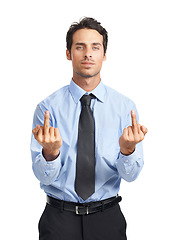 Image showing Anger, frustrated and portrait of a businessman with a middle finger on a white background. Angry, arrogant and executive man with a mean, aggressive and bad hand sign on a studio background