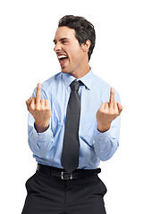 Image showing Middle finger, crazy and young businessman in a studio screaming with joy, happiness and confidence. Happy, yelling and corporate male model with a rage gesture or sign isolated by a white background