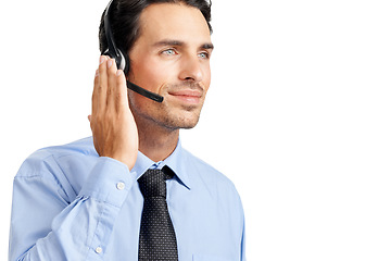 Image showing Customer support communication, call center and face of consultant talking on contact us CRM, telemarketing or telecom mockup. E commerce , customer service mock up and man consulting on microphone