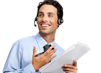 Image showing Businessman, smile and call center mockup for telemarketing, insurance or finance advice on white background. Happy man consultant with headset for customer support discussing expenses or paperwork