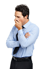 Image showing Tired businessman, bored or yawning on studio background in fatigue, sleepy or mental health burnout. Exhausted corporate worker, employee or hands covering mouth on white backdrop in quiet quitting