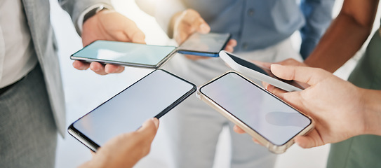 Image showing Mockup, business and closeup of smartphone, connection and social media. Screens, group and people with cellphones, typing and search internet with communication, online chatting and texting message