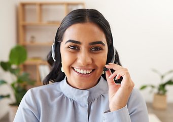 Image showing Customer support communication, portrait or call center consultant working on telecom microphone, contact us CRM or IT customer service. Ecommerce business, telemarketing and face of woman consulting