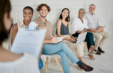 Image showing Hiring, human resources or people in a waiting room for a marketing job interview at a office building. Onboarding, men and business women with career goals wait as a group for company hr manager