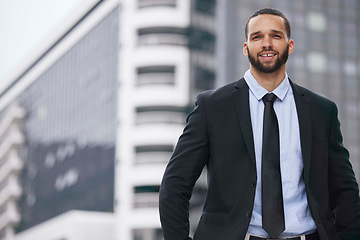 Image showing Portrait, business and man in city, outdoor and corporate manager with smile, suit and career. Latino male, manager or ceo in street, employee and leader with company success, leadership or executive