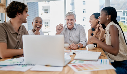 Image showing Laptop, online meeting and team speaking to their colleague on a video call in an office. Collaboration, discussion and business people planning a strategy together with a video conference call.