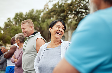 Image showing Talking, fitness or happy senior friends bonding or laughing for team building or training support. Runners community or healthy mature people with body goals after running exercise or cardio workout