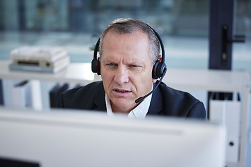 Image showing Call center, computer and businessman confused in telemarketing, virtual communication or software service for information technology. Frustrated, mistake and corporate worker, consultant or agent