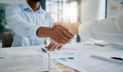 Image showing Handshake, office and business people with corporate deal, agreement or partnership with success. Meeting, professional and businessmen shaking hands for welcome, greeting or company onboarding.