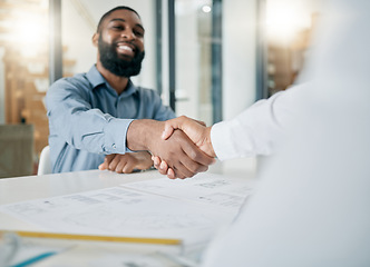 Image showing Black man, handshake and architecture with architect hiring, job interview and onboarding, office and blueprint plan. Human resources, recruitment and partnership with deal, contract and thank you