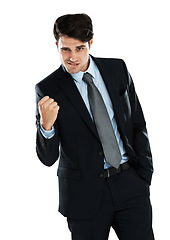 Image showing Fist pump celebration, portrait and business man celebrate corporate victory, winning achievement or profit success. Winner pride, bonus salary and cocky studio lawyer or salesman on white background