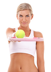 Image showing Tennis studio portrait, woman and racket with smile for health, sports and vision by white background. Happy tennis player, fitness and tennis ball with isolated focus for training, wellness or goal