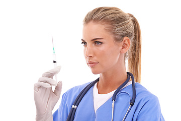 Image showing Vaccine, healthcare and doctor with a syringe for medicine on a white background in studio. Nurse, medical and surgeon with a covid injection for a virus, disease or illness on a studio background