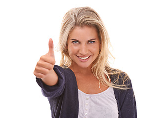 Image showing Portrait, woman and thumbs up in studio for success, winning and thank you against white background. Face, grl and hand emoji for vote, deal and sale or good news, promote and agree while isolated