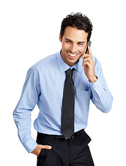 Image showing Phone call, studio and business man with communication, corporate negotiation and networking strategy. Smile of a professional worker using phone or smartphone for career feedback, job review or news