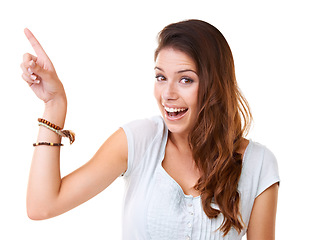 Image showing Happy, wow and portrait of woman with idea for innovation, creativity and solution inspiration. Happiness of optimistic girl pointing hand for ideas with excited smile on white studio background.