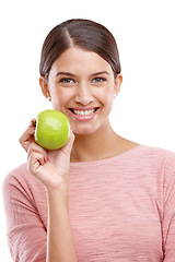 Image showing Health, apple and smile with portrait of woman for nutrition, diet and weight loss choice. Fiber, food and vitamins with isolated face of girl eating fruit for wellness, organic and natural in studio