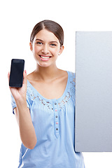 Image showing Portrait, phone and poster with a model woman in studio isolated on a white background for brand advertising. Communication, marketing and mockup with a female posing to promote blank branding space