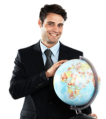 Image showing Portrait of happy man holding globe, business and in international sustainability industry isolated on white background. Worldwide work and corporate logistics businessman with planet earth in hands.