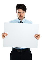 Image showing Placard mockup, portrait and business man with marketing poster, advertising banner or product placement space. Billboard promotion sign, studio mock up and sales model isolated on white background