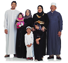 Image showing Big family, happy portrait and children, parents and grandparents together for Islam religion eid. Happy arab women, men and kids from Islamic culture in ramadan isolated on a white background